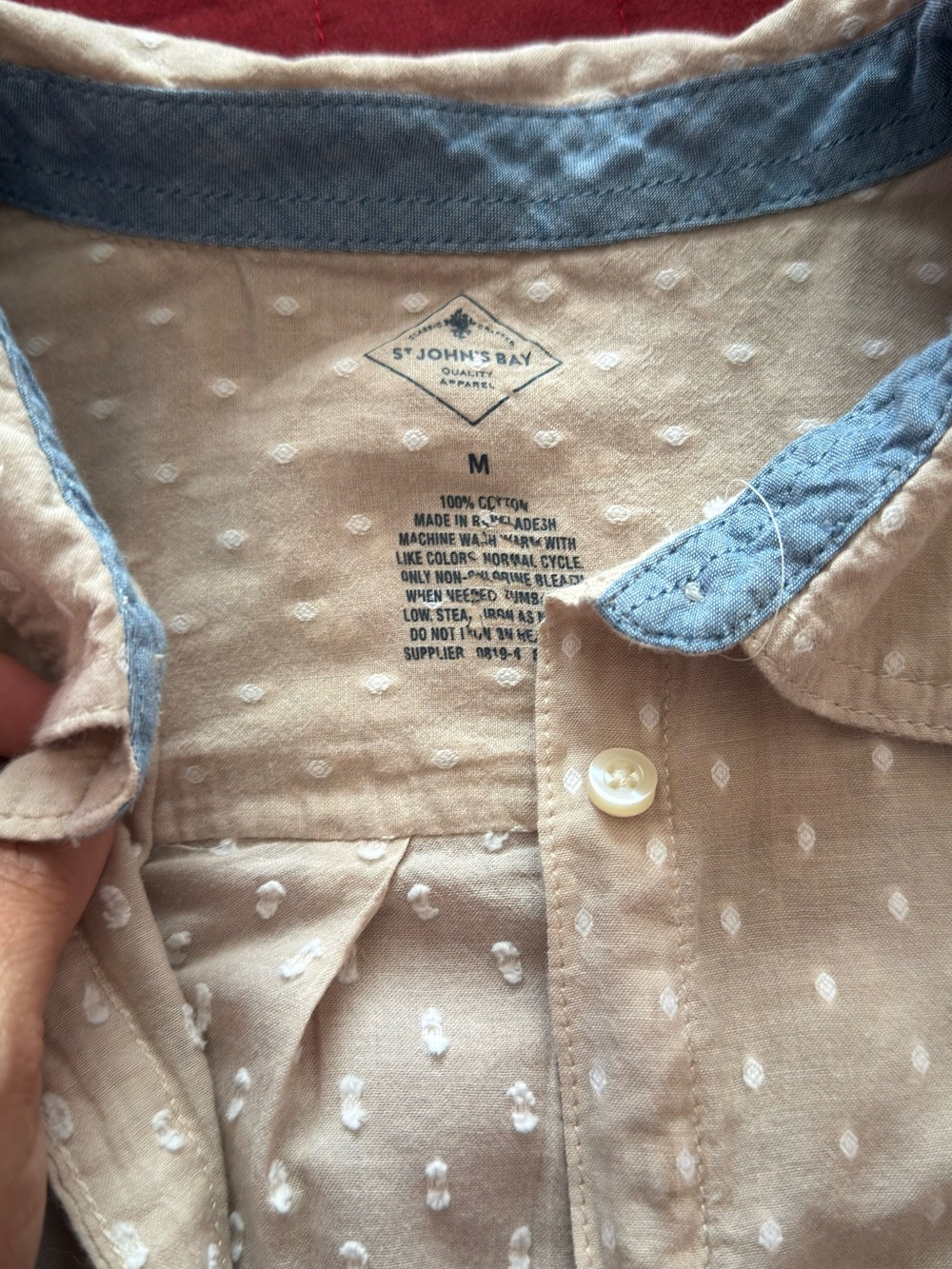 St. John's Bay Beige Dot Casual Button-Down Shirt with Blue Trim